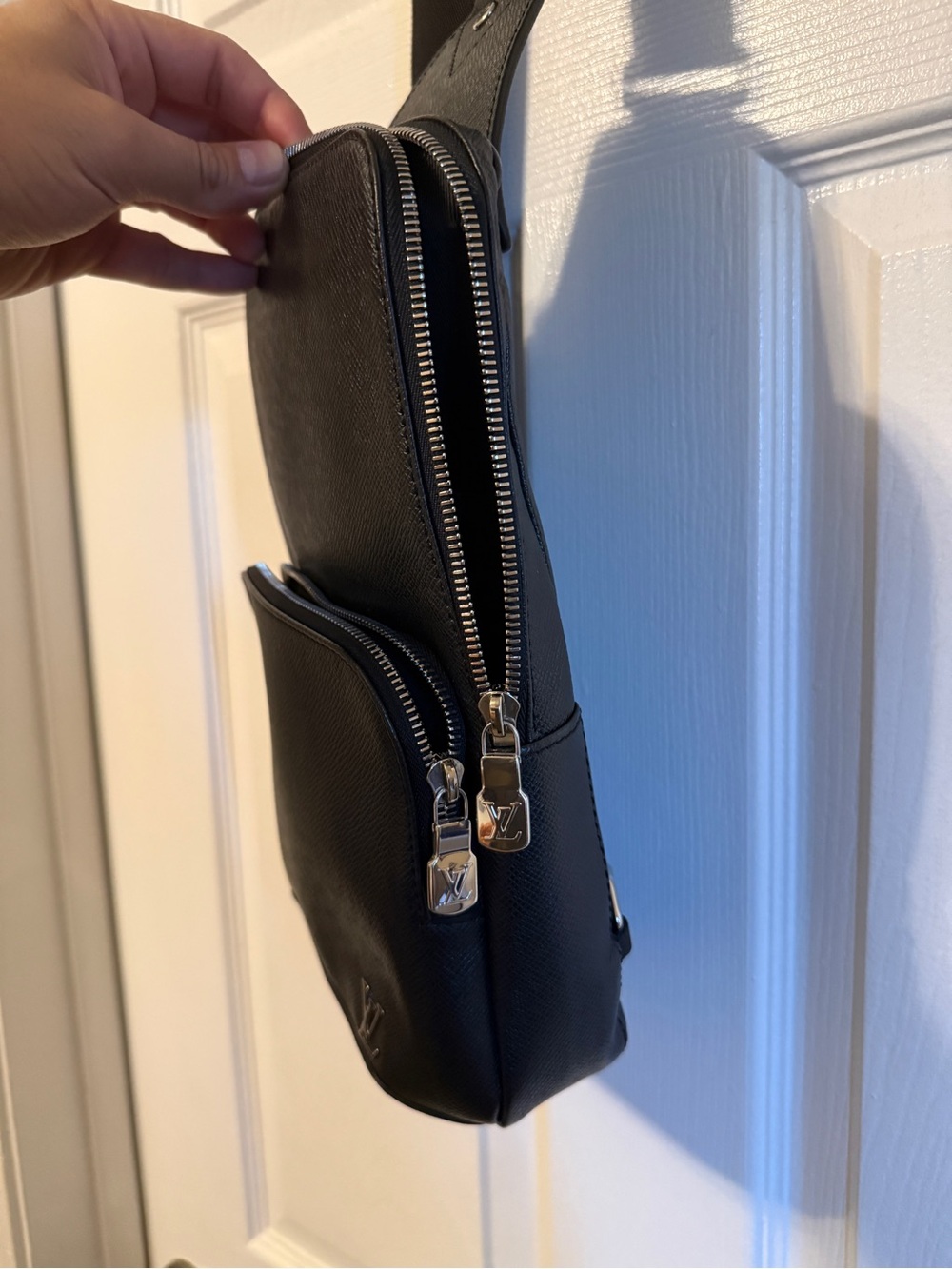 Louis Vuitton Black Leather Sling Belt Bag with Silver LV Emblem - Picture 3 of 9